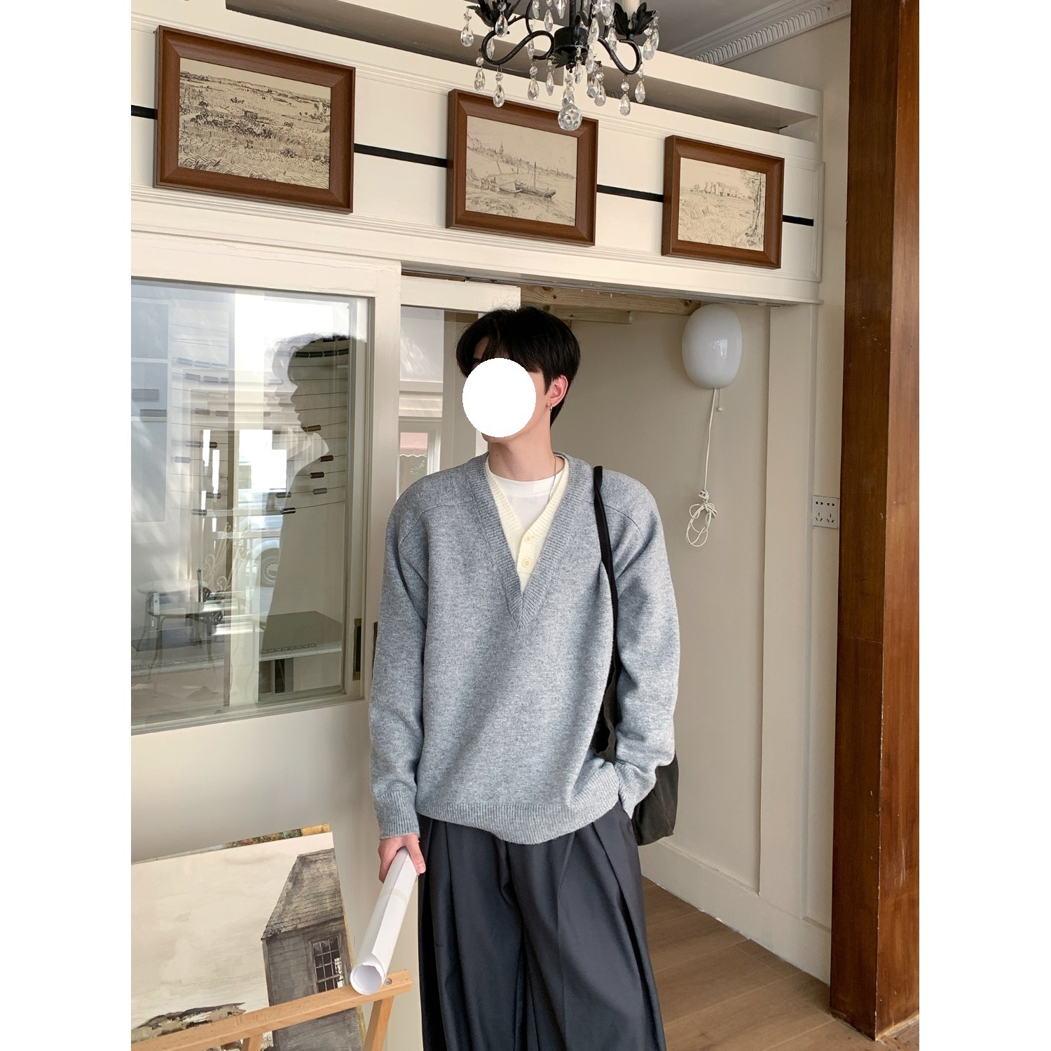 Dark Gray V-neck Fake Two-piece Knitted Designer Sweater Sweater Jacket For Men Autumn Korean Style College Style Lazy Base Sweater