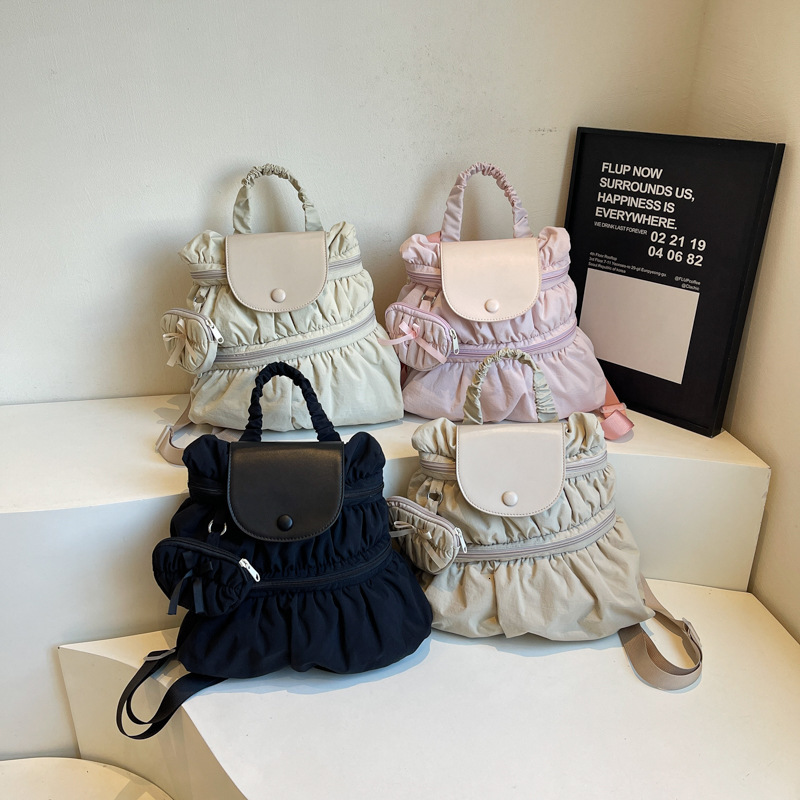 Free shipping designer bag College Style Backpack for Women New Trendy Fashion Pleated Nylon Casual Handbag