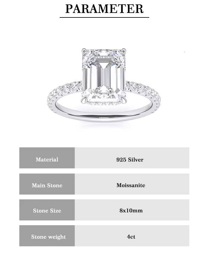 Luster Engagement 4ct D White VVS Moissanite Fashion Jewelry MOQ 1 Piece 925 Sterling Silver Emerald Cut Moissanite Ring