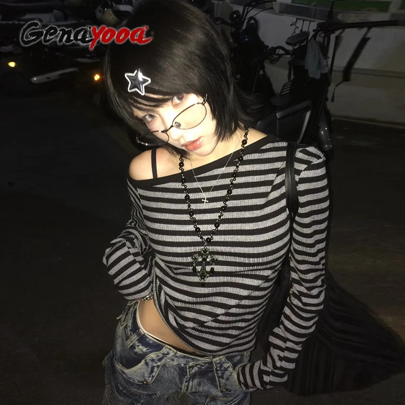 Genayooa Japanese Y2k Tshirt Women Long Sleeve Off Shoulder Striped Crop Tops Y2k Grunge 2000s Aesthetic Streetwear T Shirts 251027