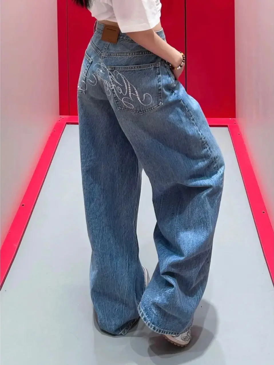 Gradient Spring 2025 Blue Jeans Women Y2K Vintage High Waisted Jeans Straight Streetwear Loose Large Wide Leg Denim Pants 251027