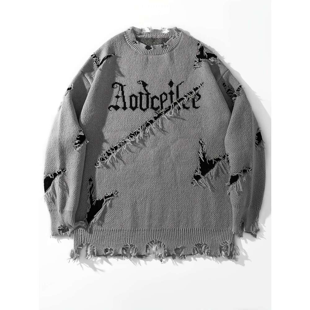 Men's Casual Streetwear Sweater - Relaxed Fit Drop Shoulder, Distressed Letter Embroidery & Ripped Details, Long Sleeve Pullover For Autumn Winte