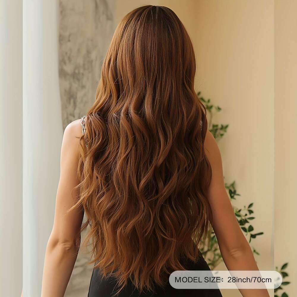 28 Inch Reddish Brown Long Curly Wavy With Bangs Synthetic Body Wave Wigs Women For Daily Costume Party Cosplay Use
