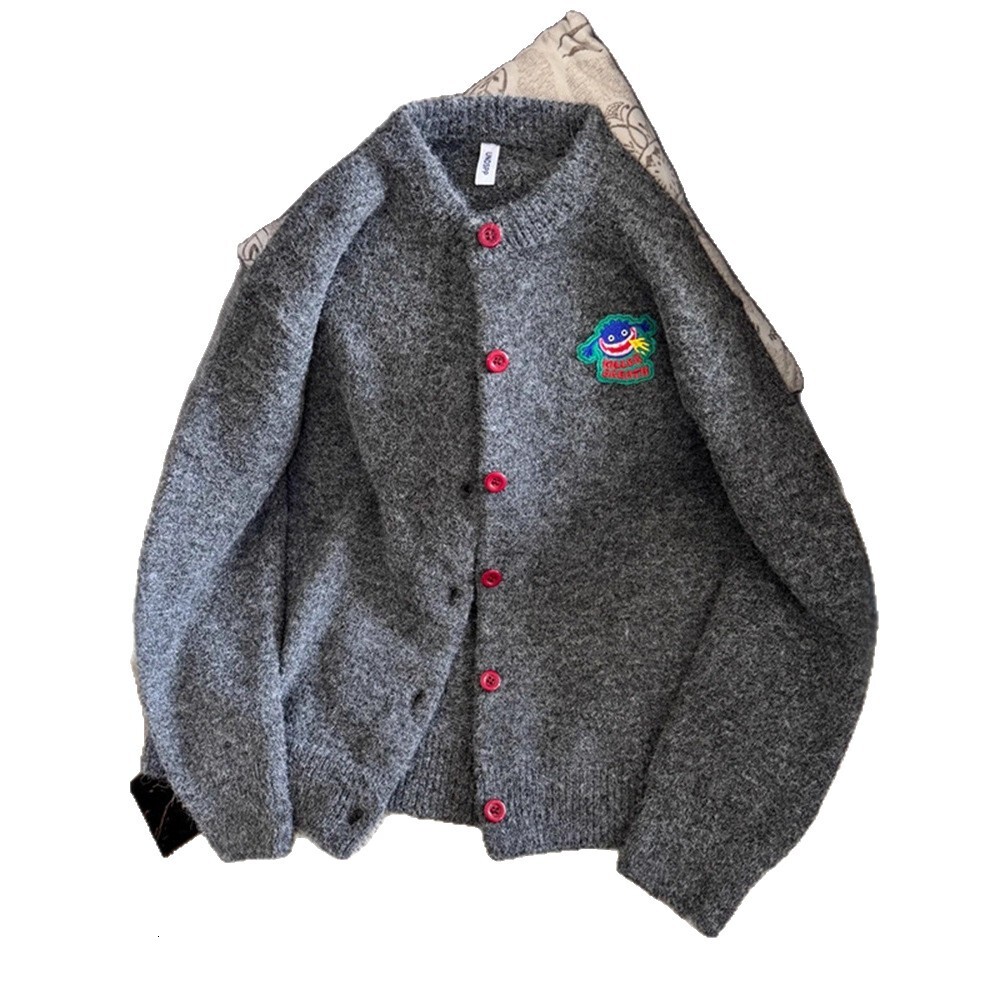 Cartoon Embroidered Designer Sweater Label Gray High-end Sweater Knitted Cardigan Autumn Winter Lazy Casual Couple Top Sweater Trendy