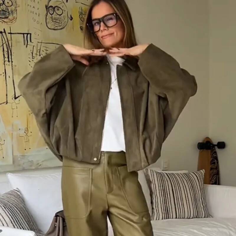 winter jacket women HXAO Women's Cropped Suede Jacket Women Demi-Season Bomber Jackets Long Sleeve Oversize Zipper Solid Coats