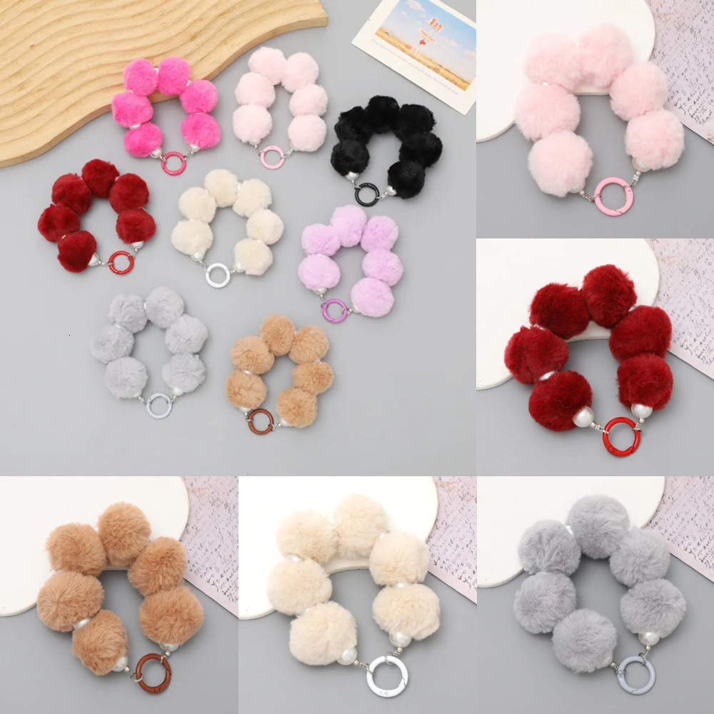 Yilian Autumn Winter New Furry Beaded Pendant DIY Phone Case Bag Charm Short Wrist Strap Lanyard for Women 333