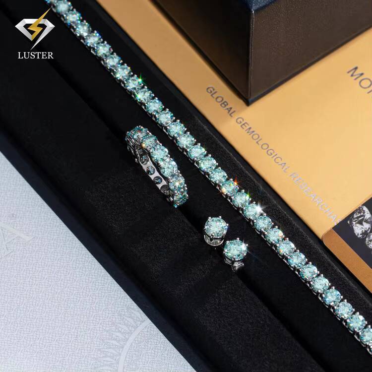 Luster Jewelry Silver 925 Hip Hop GRA 3mm 4mm 5mm Blue Moissanite Diamond Eternity Ring for Men Women