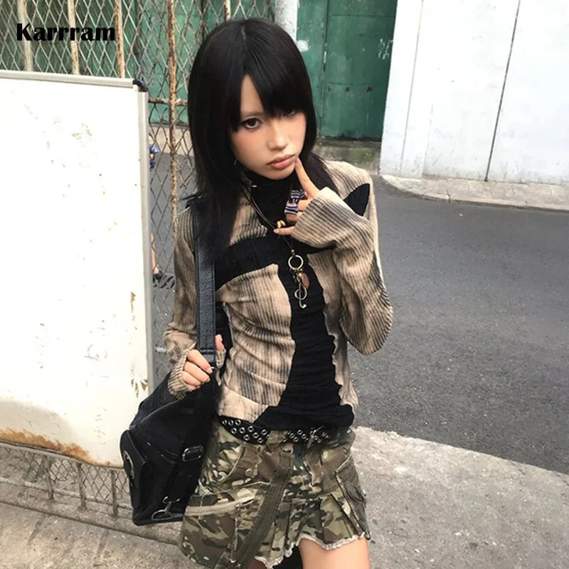 Karrram Japanese Y2k Ribbed Tops Vintage Harajuku Cross Print Tshirt Grunge Aesthetics Long Sleeve Patchwork Tops Trashy 2000s 251027