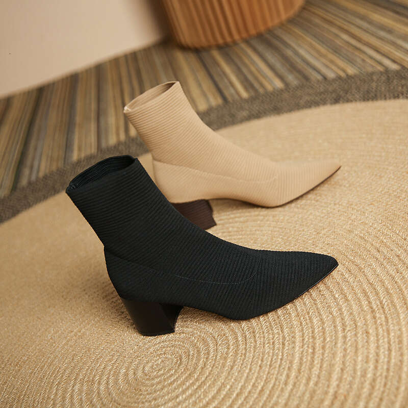 Pointed Toe Knitted Cotton Short for Women, Chunky Slim High Heel Women's Boots, Autumn Winter Boots