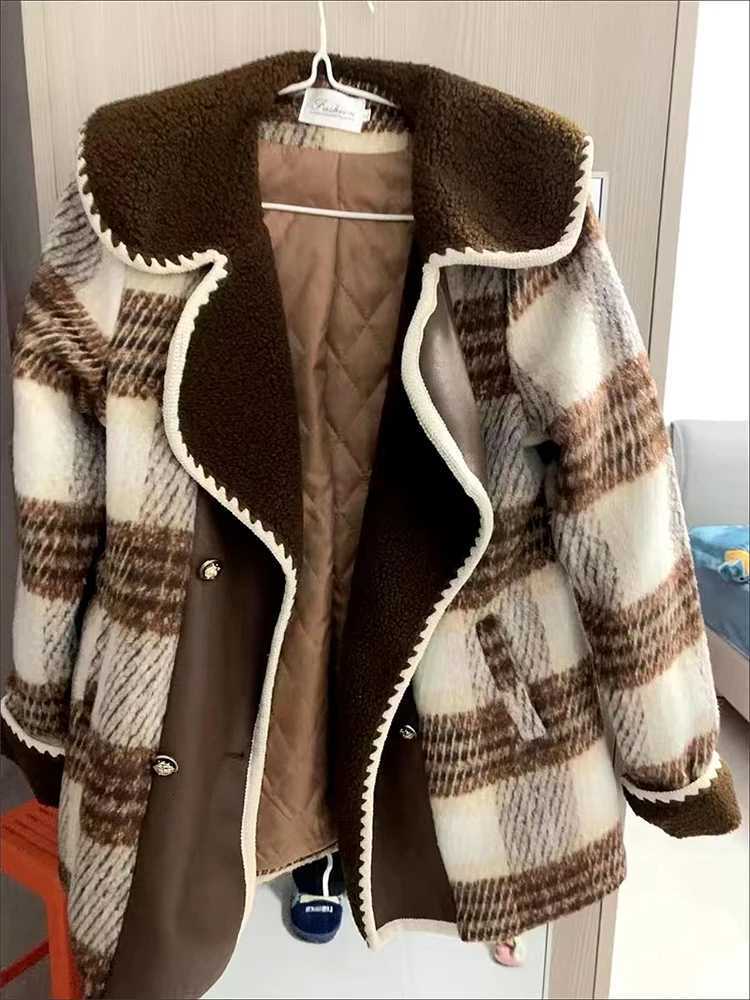Cotton Padded Lined Plaid Woolen Coats Spliced Korean Fashion Elegant Woolen Jackets Abrigos Tops Vintage Women Veste Outerwears M251027