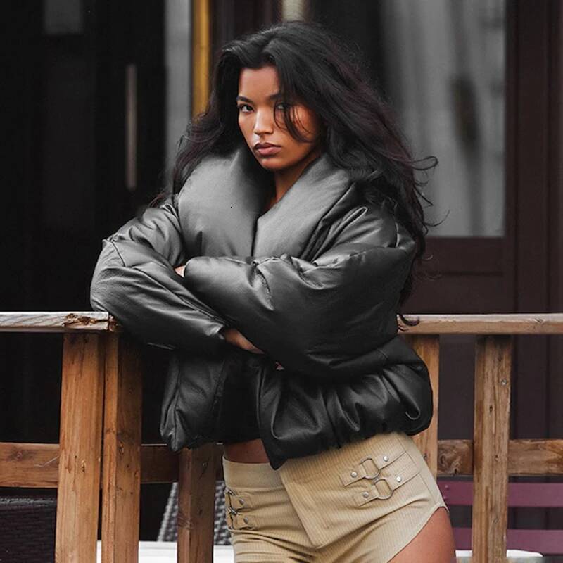 winter jacket women CUTENOVA Women'S Fall/Winter New Arrival Leather-Trimmed Stand Collar Solid Color Loose-Fit Cropped Crop Top Cotton Jacket