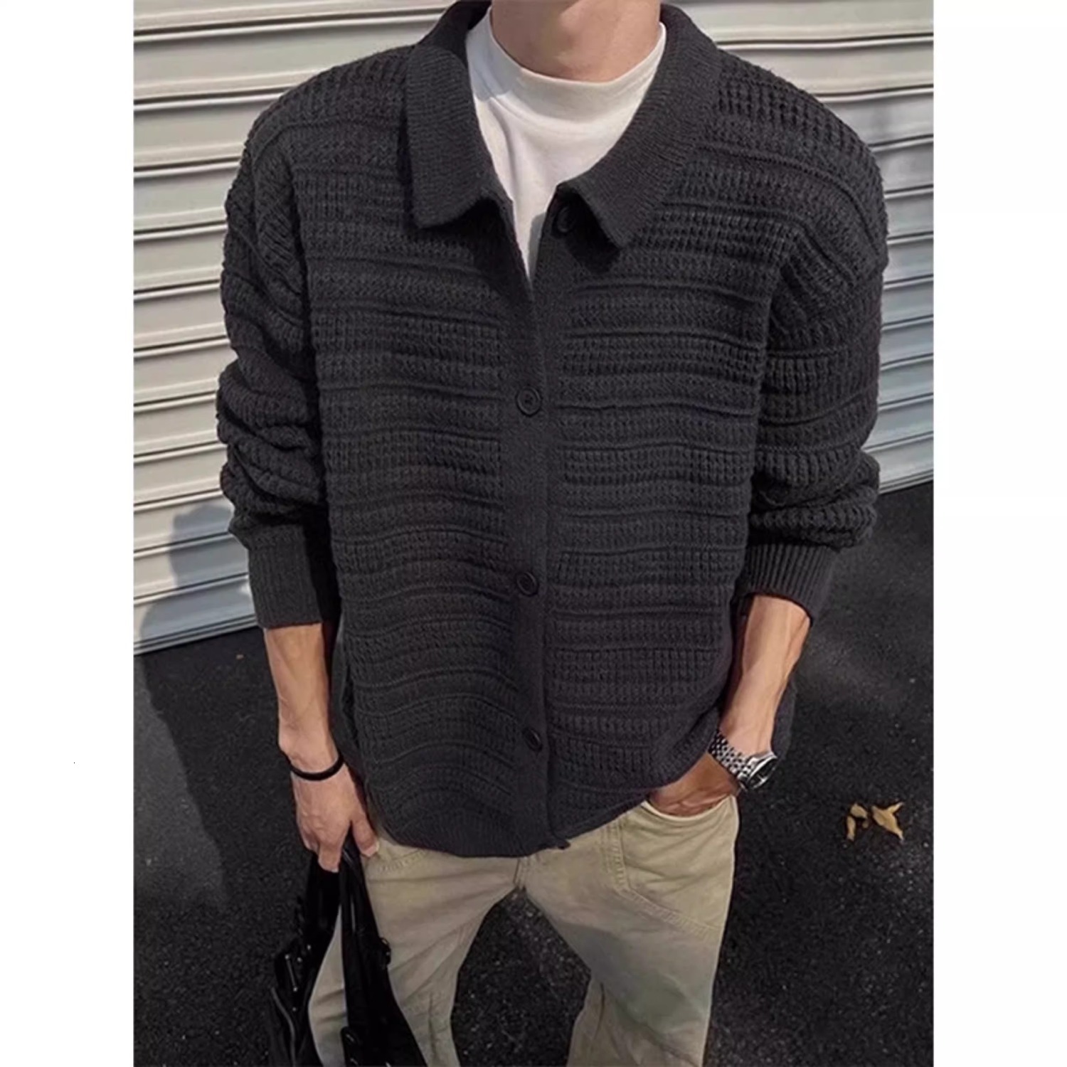 Dark Gray Knitted Cardigan Jacket For Men Autumn And Winter Lazy Style Designer Sweater High-end Feel Cleanfit Turn-down Collar Sweater