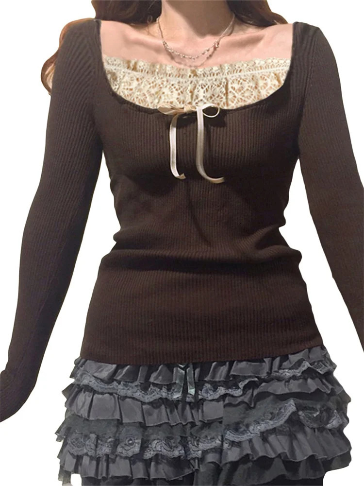 Y2k Womens Long Sleeve Knitted Tops Lace Stitching Neckline Knitwear Bowknot Decoration SlimFit Tshirt Pullovers Clubwear 251027