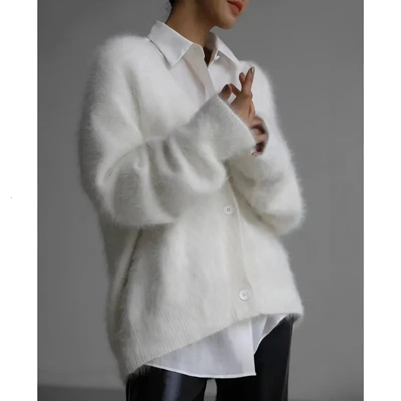 Spring Autumn Women Cardigan Sweater Jacket 2025 Mink Fur Versatile Female Sweater Vneck Loose Ladies Knitted Top 251027