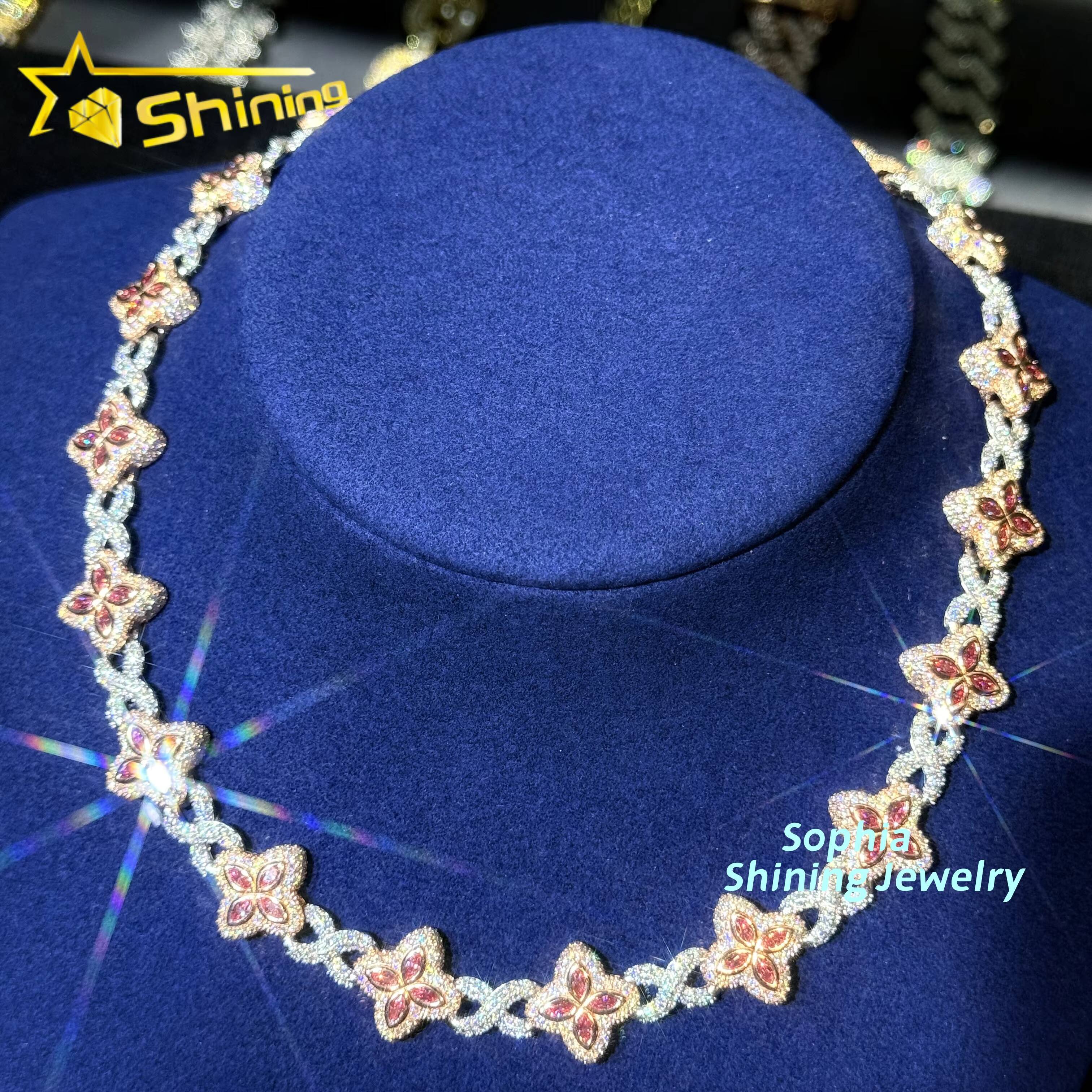 Unique Hip Hop Jewelry 15mm Fashion Clover Design VVS Pink Moissanite Diamond Custom 925 Silver Iced Out Infinity Cuban Chain