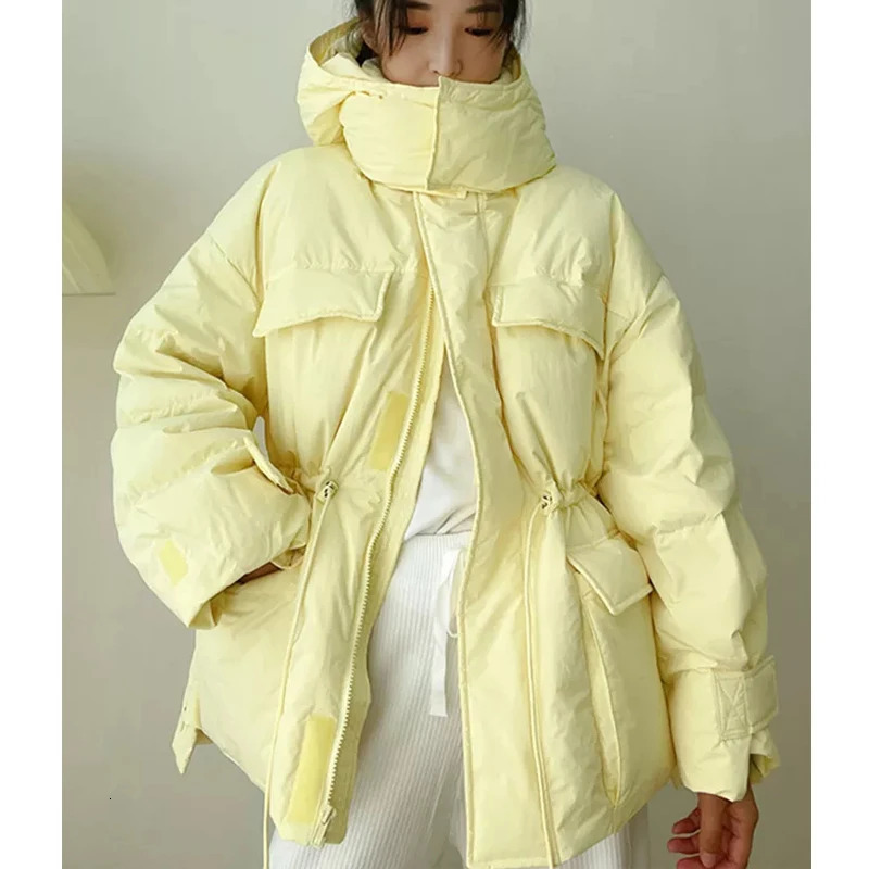 Winter Hooded Parkas Warm Jacket Women Down Cotton Coat Irregular Fluffy Bubble Drawcord Waist Outwear 251027