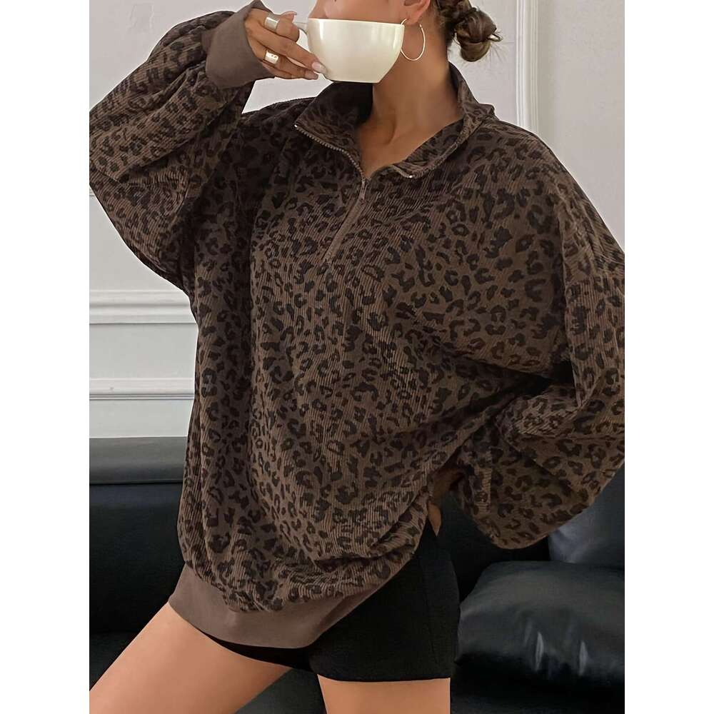 Women's Casual Zip-Up Long Sleeve Sweatshirt - Loose Fit, Half-Zip Design, Brown & Black Retro Style, Cozy Fall/Winter Wear, Leopard Print Sweate