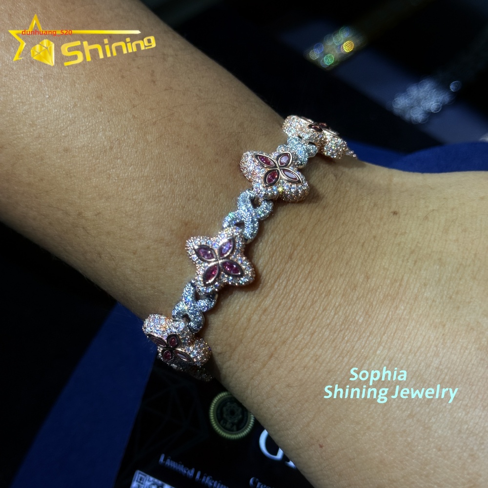 New Arrivals Fashion Jewelry 925 Sterling Silver Vvs Pink Color Moissanite Diamond Four Leaf Clover Cuban Link Tennis Bracelet