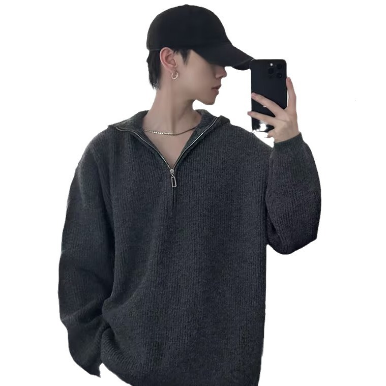 American Style Designer Sweater Casual Jacket Half Zipper Hooded Sweater Men's Autumn And Winter Trendy Brand Loose Lazy Style Knitted Sweater