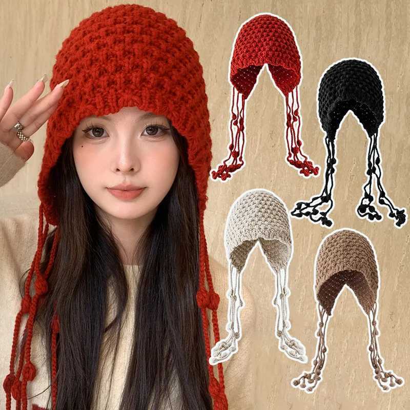 Autumn Winter Womens Hat Handknitted Woolen Tassel Cap Beanie Fashion Earprotecting Cap Outdoor Warmth Headscarf HatW251027