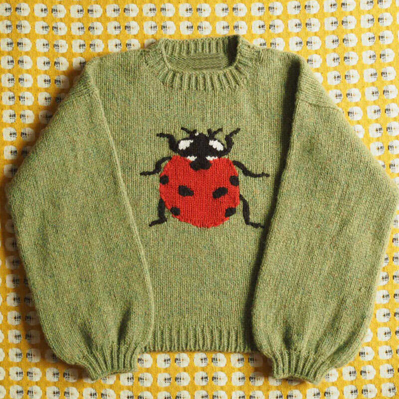 Knitted Sweater with Small Insect Jacquard Pattern, Round Neck, Long Sleeve, Loose Street Style, Cute Style