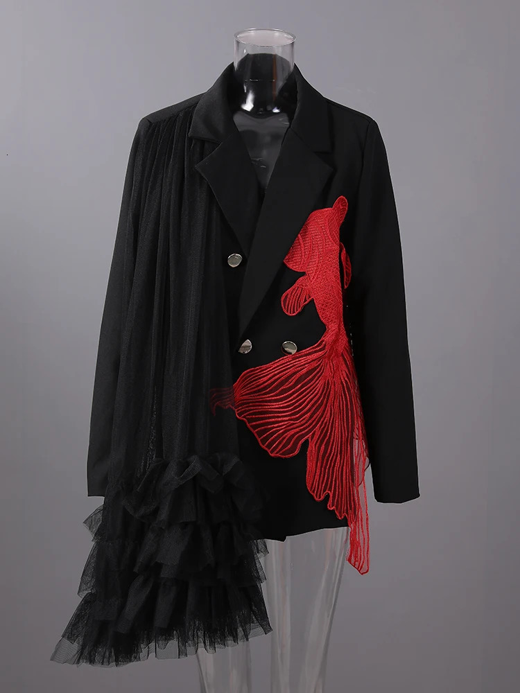 EAM Women Black Mesh Irregular Fish Spliced Big Size Blazer Lapel Long Sleeve Jacket Fashion Spring Autumn CPG2902 251027