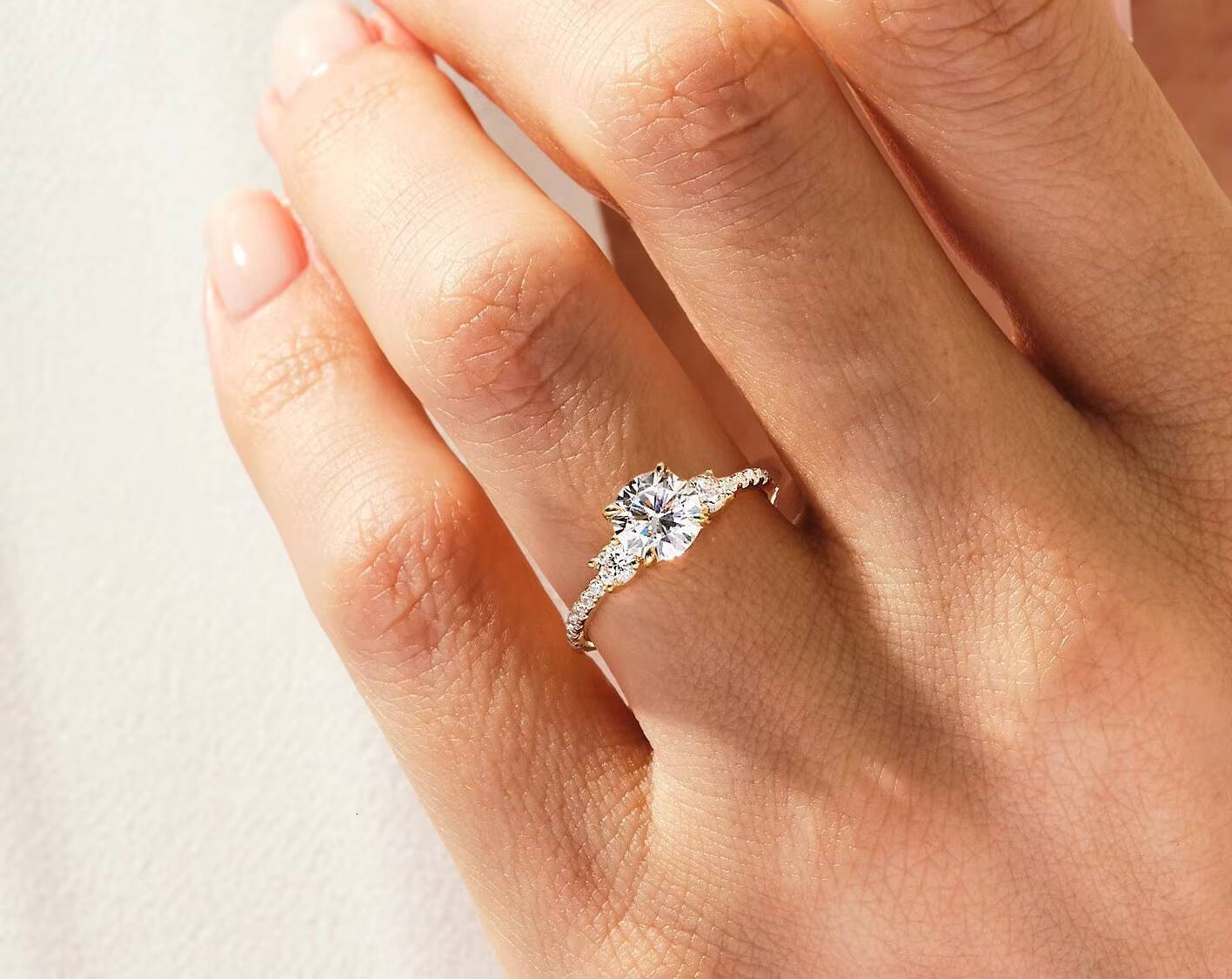 14k 18k Round Cut Diamond Engagement Ring with Side Stones Three Stone Promise Lab Diamond Ring