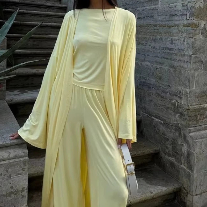 Womens 2025 Summer Casual Long Cardigan Long Sleeve Top High waisted Trousers Fashion Set 251013