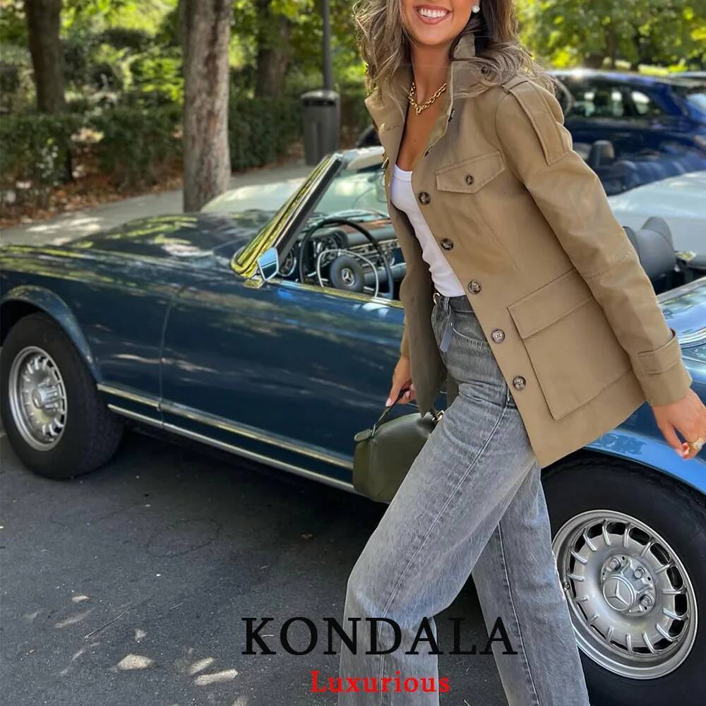 winter jacket women KONDALA Office Lady Trench Jackets Women Long Sleeve Buttons Pockets Chic Khaki Coats Fashion 2025 Slim Straight Fall Outwears