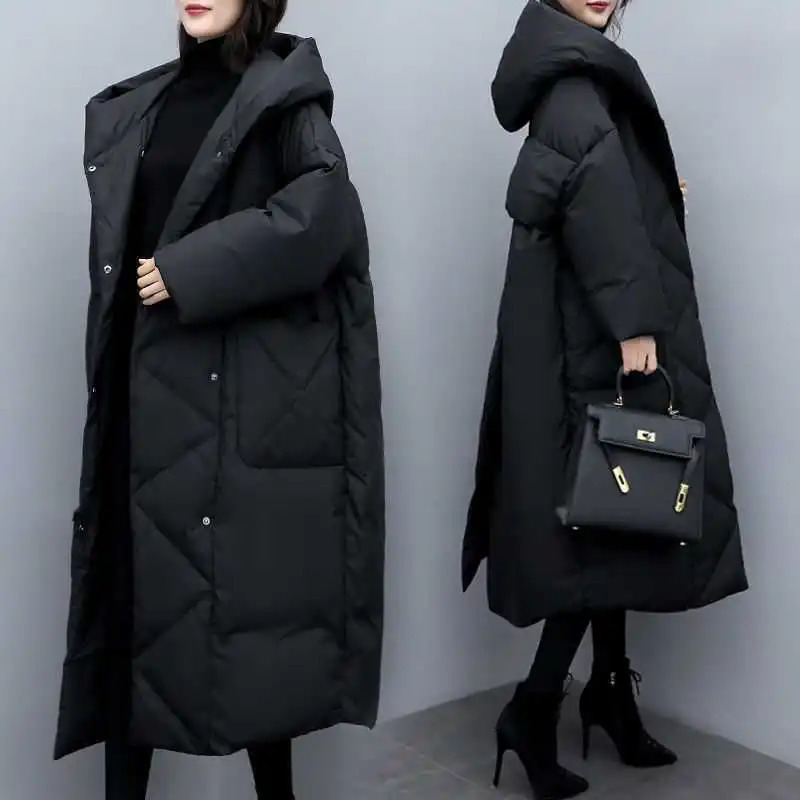 Hooded Women Solid Long Parkas Korean Loose Casual Regular Splice Cardigan Full Sleeve Thick Mid Length Coats Autumn Winter 251027