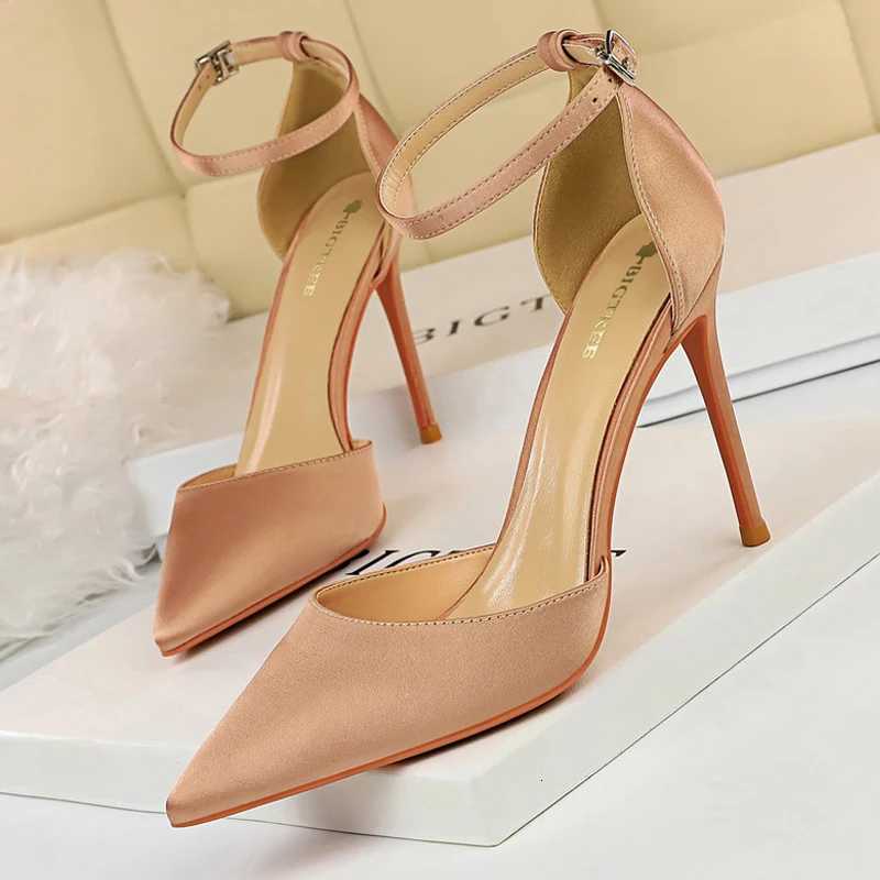 BIGTREE Shoes Satin With Shallow Pointed Women Pumps Buckle High Heels Female Shoes Stiletto Heels Sandals Sexy Party ShoesXJ251027