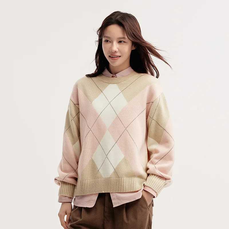 Semir Sweater Women Diamond Color Block 2025 Winter New Drop Shoulder Loose KnitwearT251027