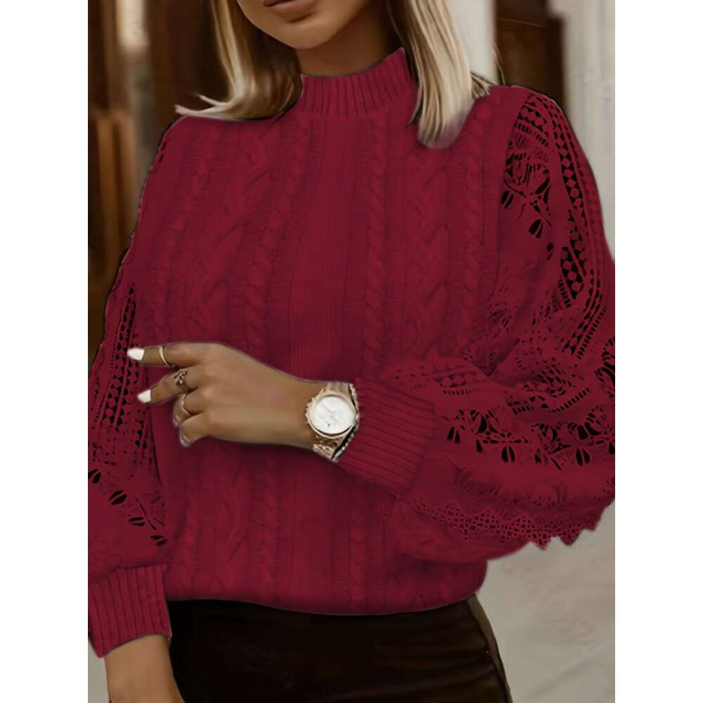 Women's Elegant With Detail - Collar, Geometric Pattern, Fall/Winter Style, Contrast Design, Winter Lace | Mandarin Collar Top, Sweater Top