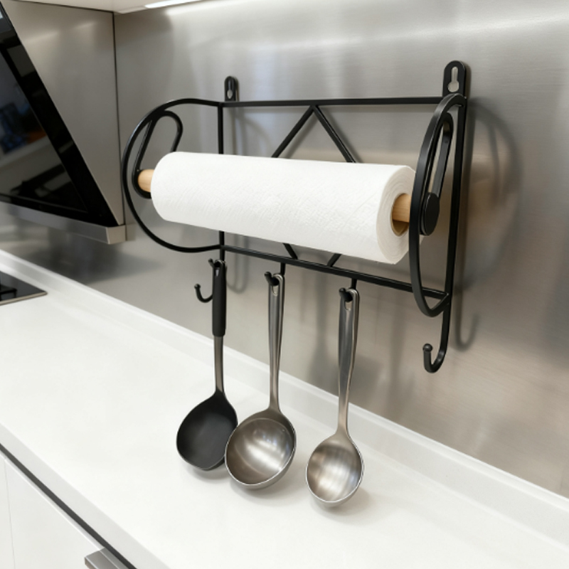 Multi-Functional Iron Heart Paper Towel Holder & Hook Rack, Wooden Roller Wall-Mounted Organizer for Farmhouse Kitchen