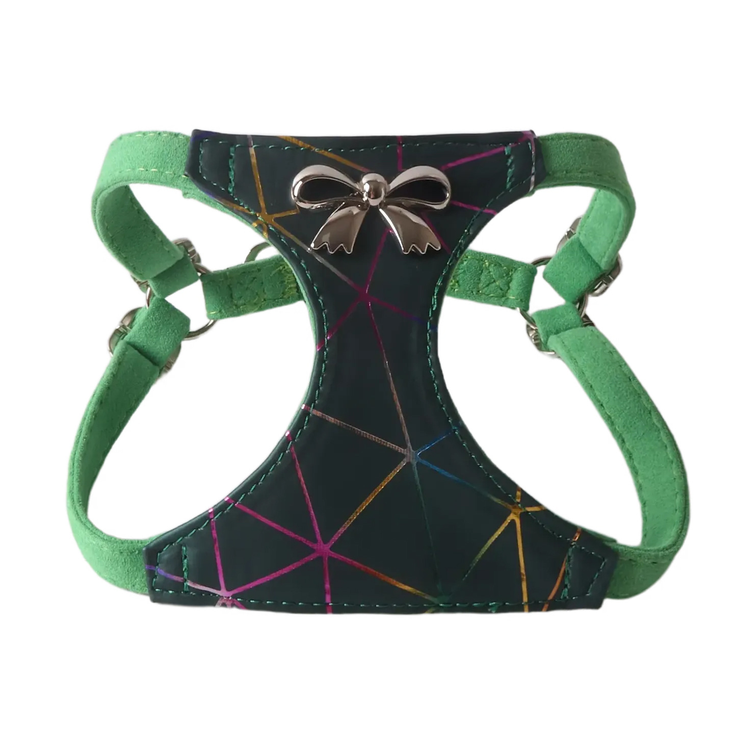 Matte PU Luxury Pet Harness and Leather Set with Rainbow Metal Pattern and Bow Details - Adjustable Walking Vest for Small Medium Dogs B158