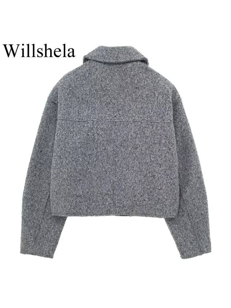 winter jacket women Willshela Women Fashion With Pockets Grey Front Zipper Jackets Vintage Lapel Neck Long Sleeves Female Chic Lady Outfits