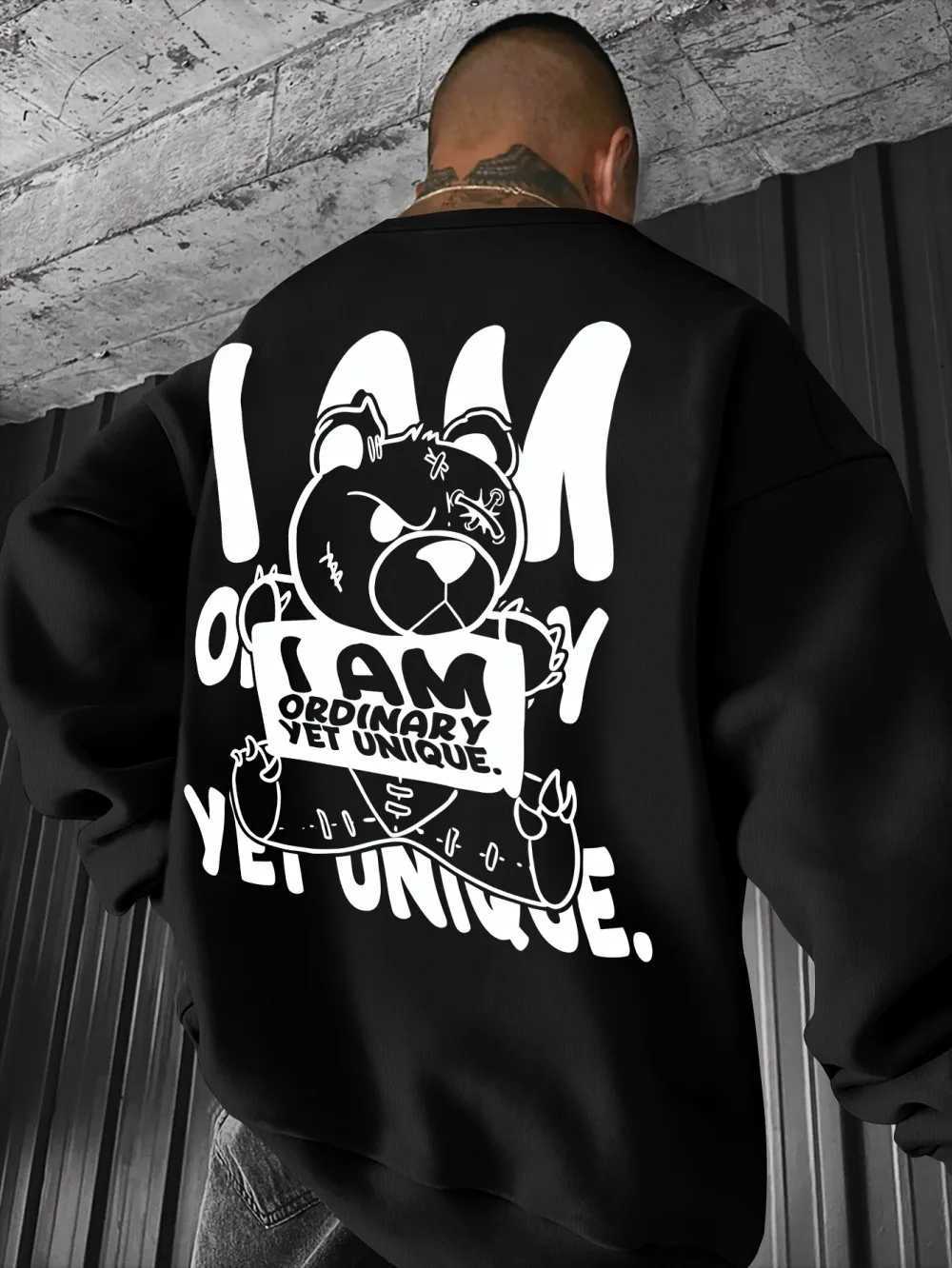 Autumn mens fashionable and personalized teddy bear letter print comfortable soft long sleeved pullover outdoor street top W251027