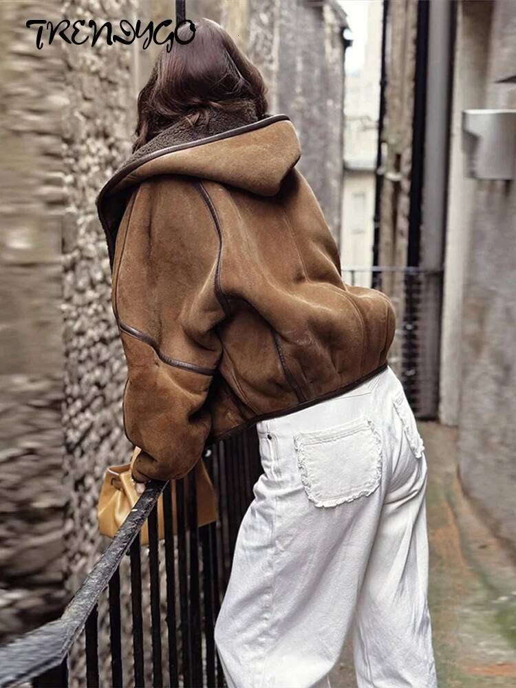 winter jacket women Women's Bomber Coats Hooded Leather Trim Patchwork Jacket Autumn 2025 Female Long Sleeve Loose Fitting Coat Chic Lady Outerwe