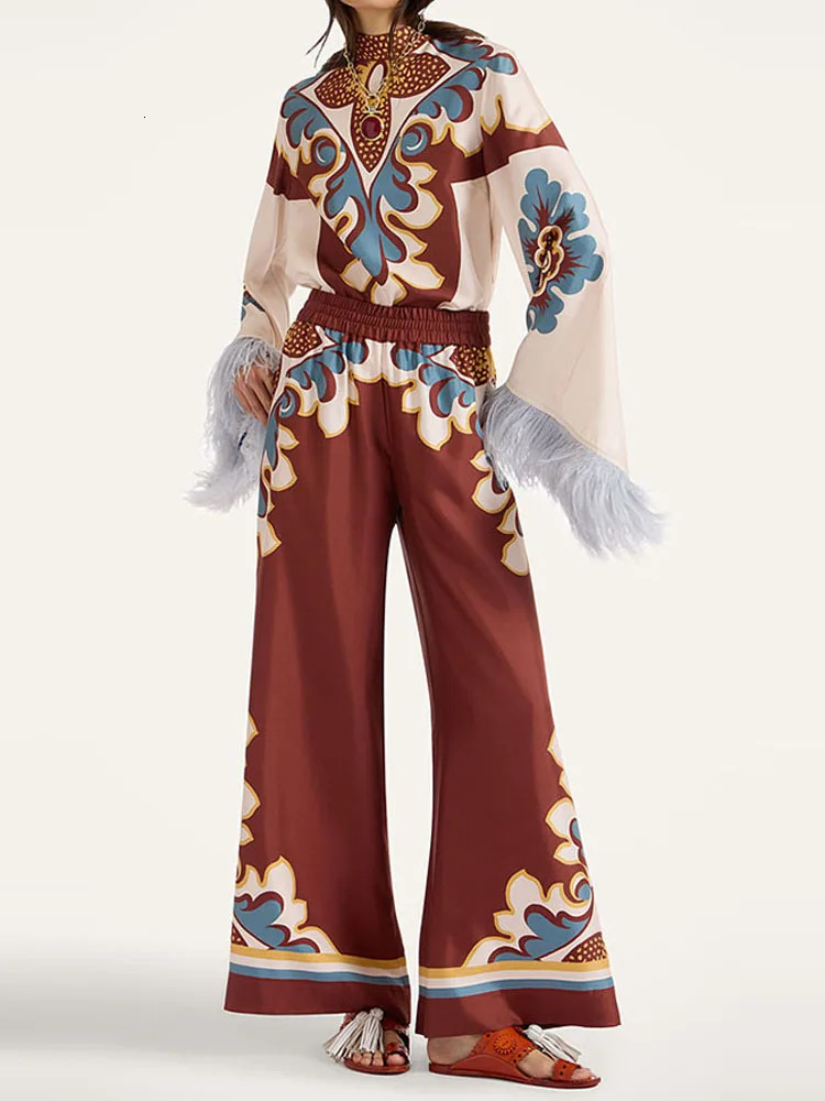 Tassel Splicing Bohemian Holiday Suit Spring Autumn Pattern Printed Loose Outfit Womens Oneck Long sleeved Top and Pants Set 251027