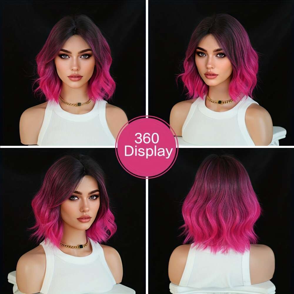 NAMM Women's Short Black To Pink Purple Ombre Wig - Heat-Resistant Synthetic Hair With Bangs & Layered Bob Cut, Glueless Cosplay Costume Wigs For
