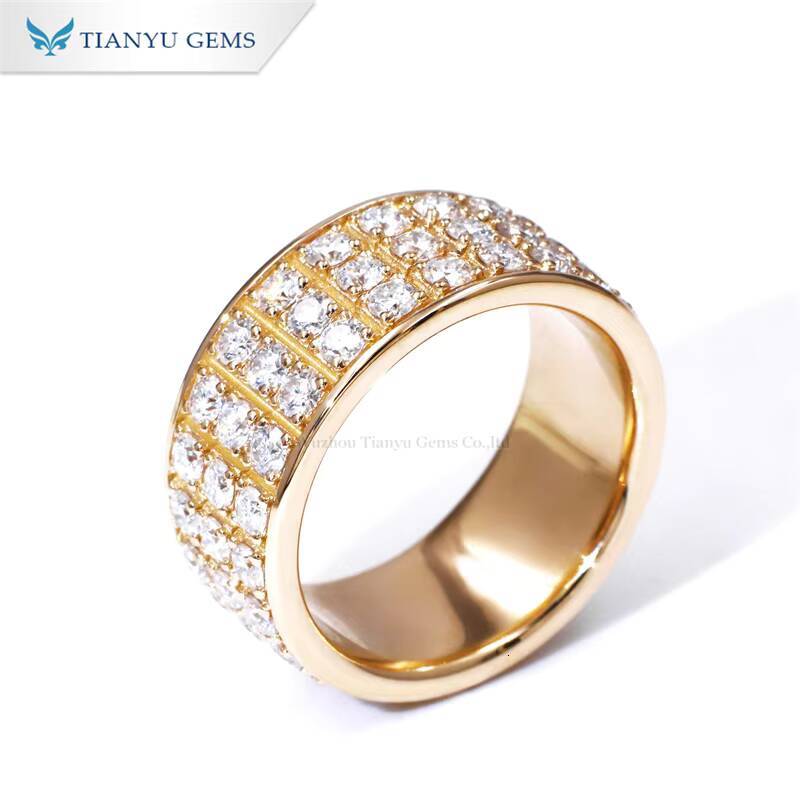 Tianyu Gems 414ctw Moissanite 3 Rows Pave Diamond Men Ring 25mm Round Cut Colorlss White Stone Band 14k 18k Yellow Gold Rings