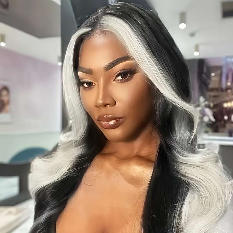 13X4 Fashionable Black Wig With White Highlights Women's Body Wave Synthetic 24 Inches - Perfect For Daily Wear, Work, Vacation, Party, Christmas
