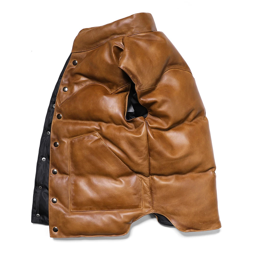 Brown Winter Leather Down Vest Men Casual Style Plus Size 5XL Genuine Natural Sheepskin Stand Collar Single Breasted Vest 251024
