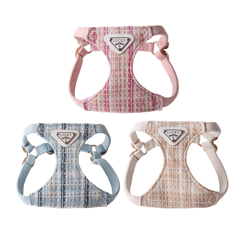 Tweed Pet Harness and Leash Set with Triangular Accent - Breathable Mesh Walking Vest with Double Hooks, Stylish Adjustable Harness for Small Medium D