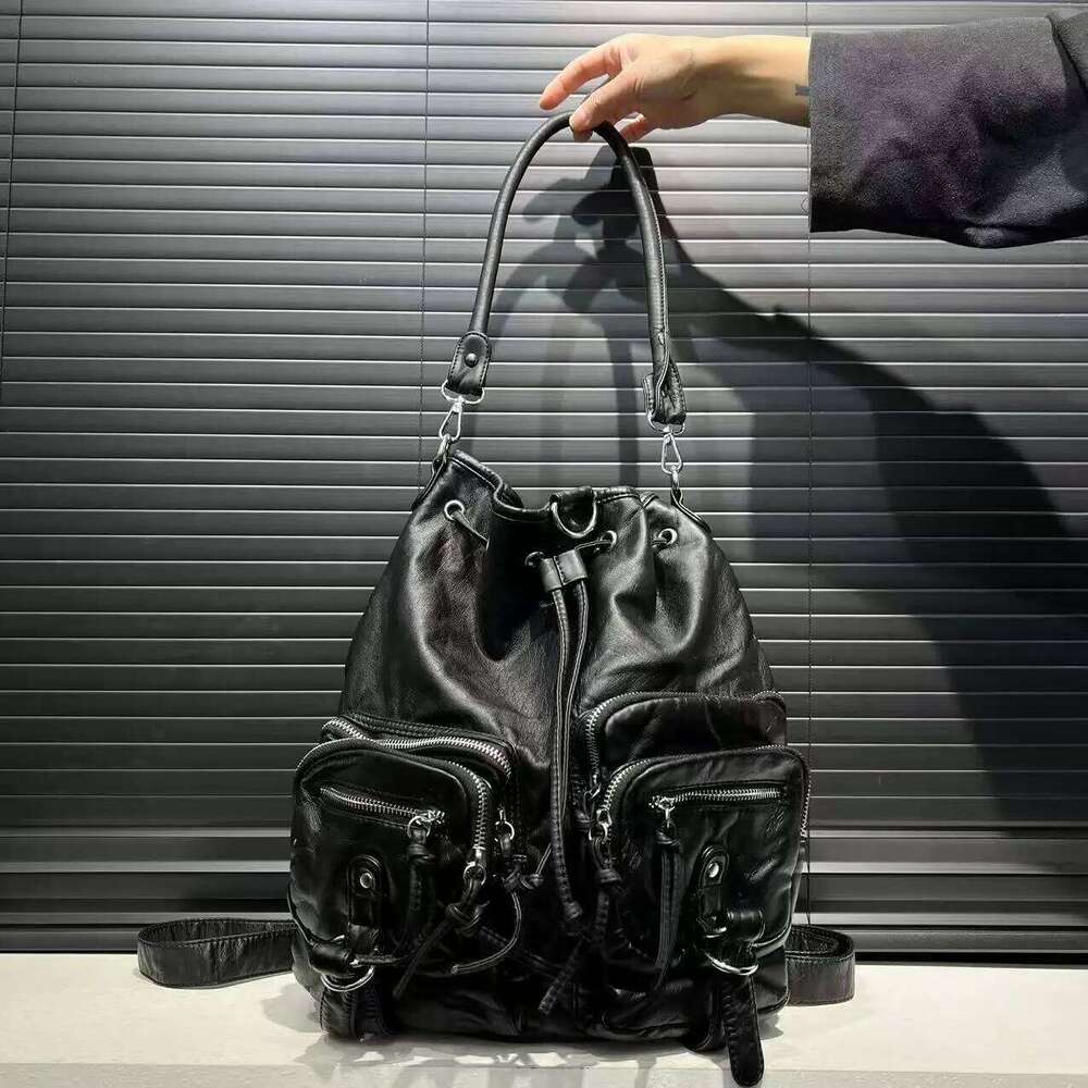 Ladies' Fashion Y2k Street Spicy Girl Backpack Large Capacity Aging Multi Functional Pure Leather Retro Shoulder Bag