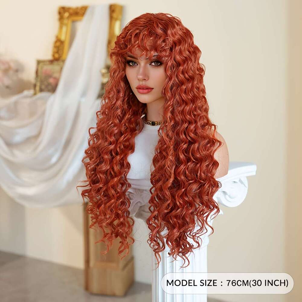 Costume Long Deep Orange Brown With Bangs High Density Fluffy Curly Wave Wig Heat Resistant Synthetic For Women Daily Party Use Music Festival Hallowe