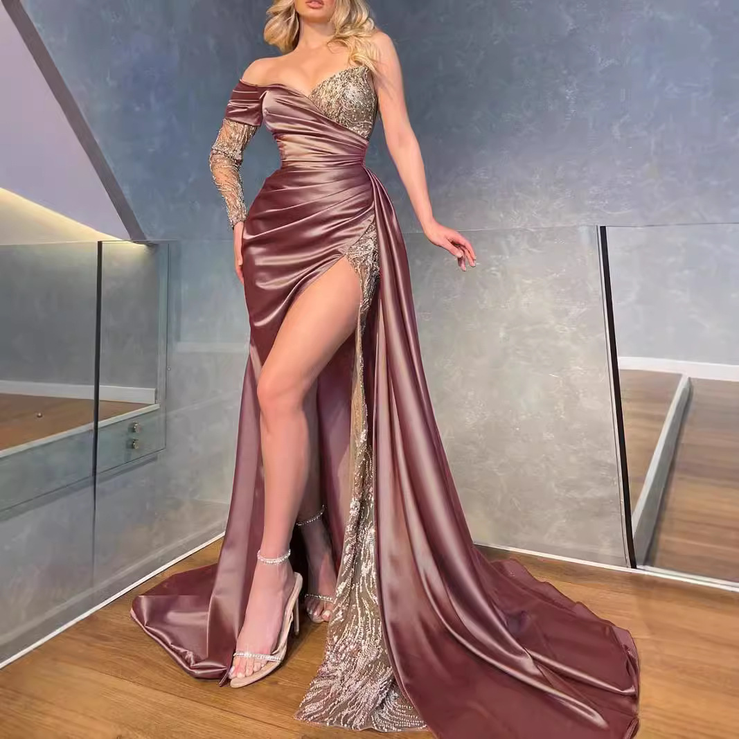 F10262Foreign trade plus size women's lace long sexy skirt with tail banquet evening dress