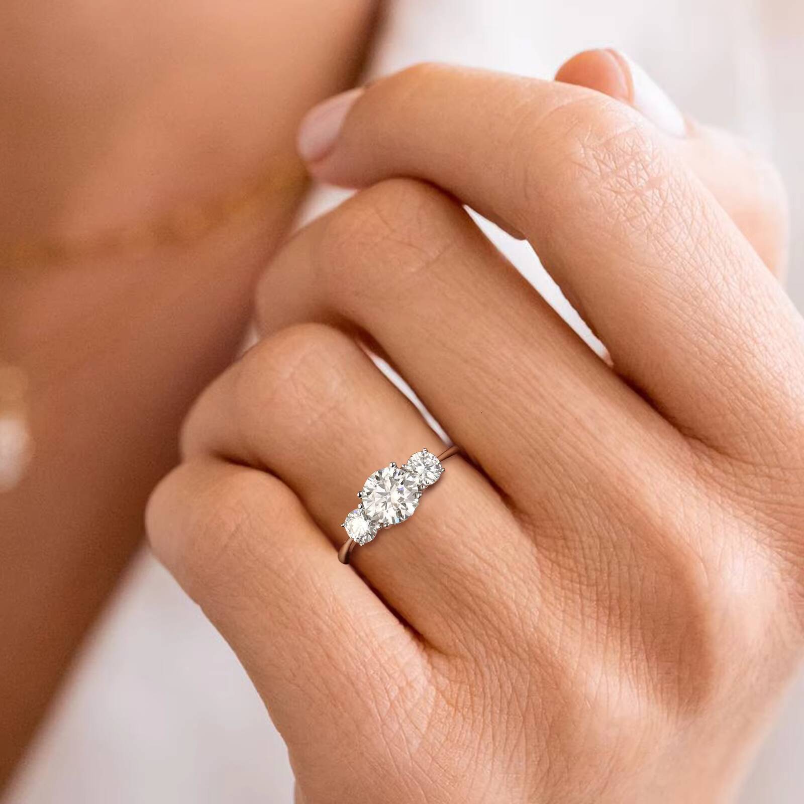 18K White Gold Plated 925 Sterling Silver Anniversary Wedding Promise Ring Round Cut VVS1 Moissanite 3 Stone Engagement Rings