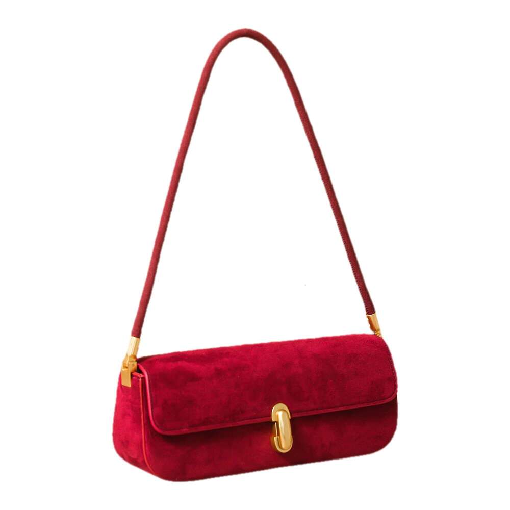 2025 Stylish Suede Shoulder Bag - Chic Baguette Design With Golden-Tone Lock Closure, Light Brown/Red, PU Material, Polyester Lining, Perfect For Casu