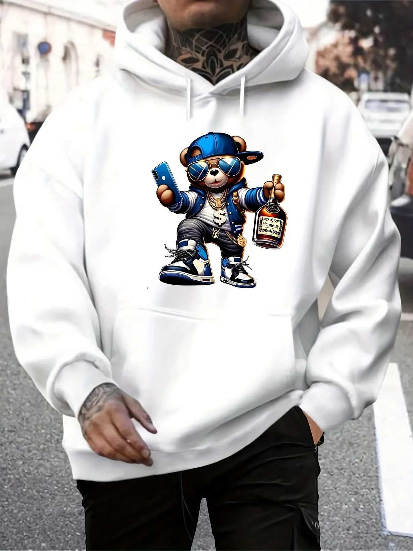 Mens autumn and winter casual fashionable loose hooded sweatshirt with cool bear pattern printed long sleeved warm pullover W251027